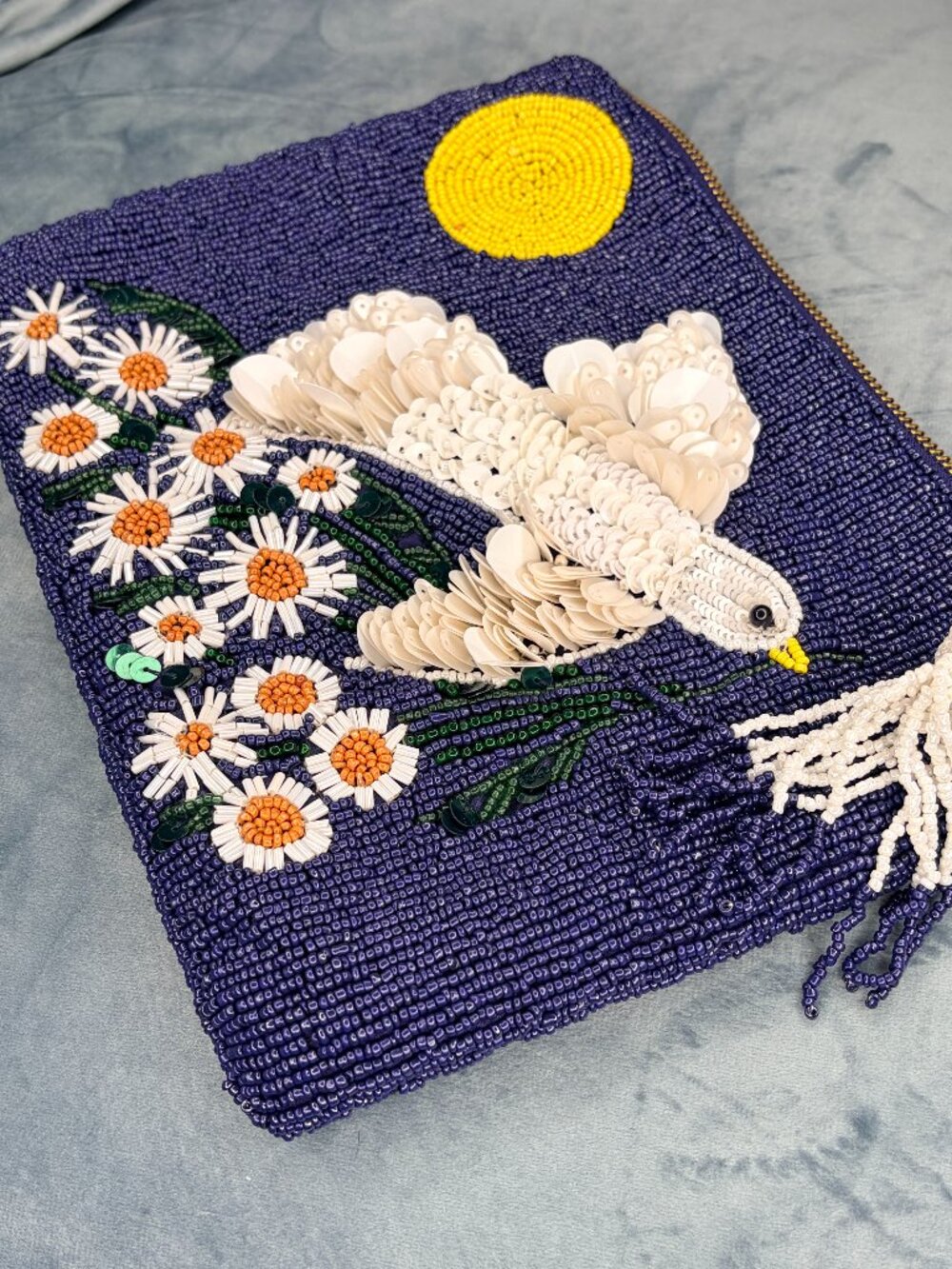 Anthropologie Navy Beaded Sequin Bird Floral Zip Clutch Pouch - Picture 3 of 6